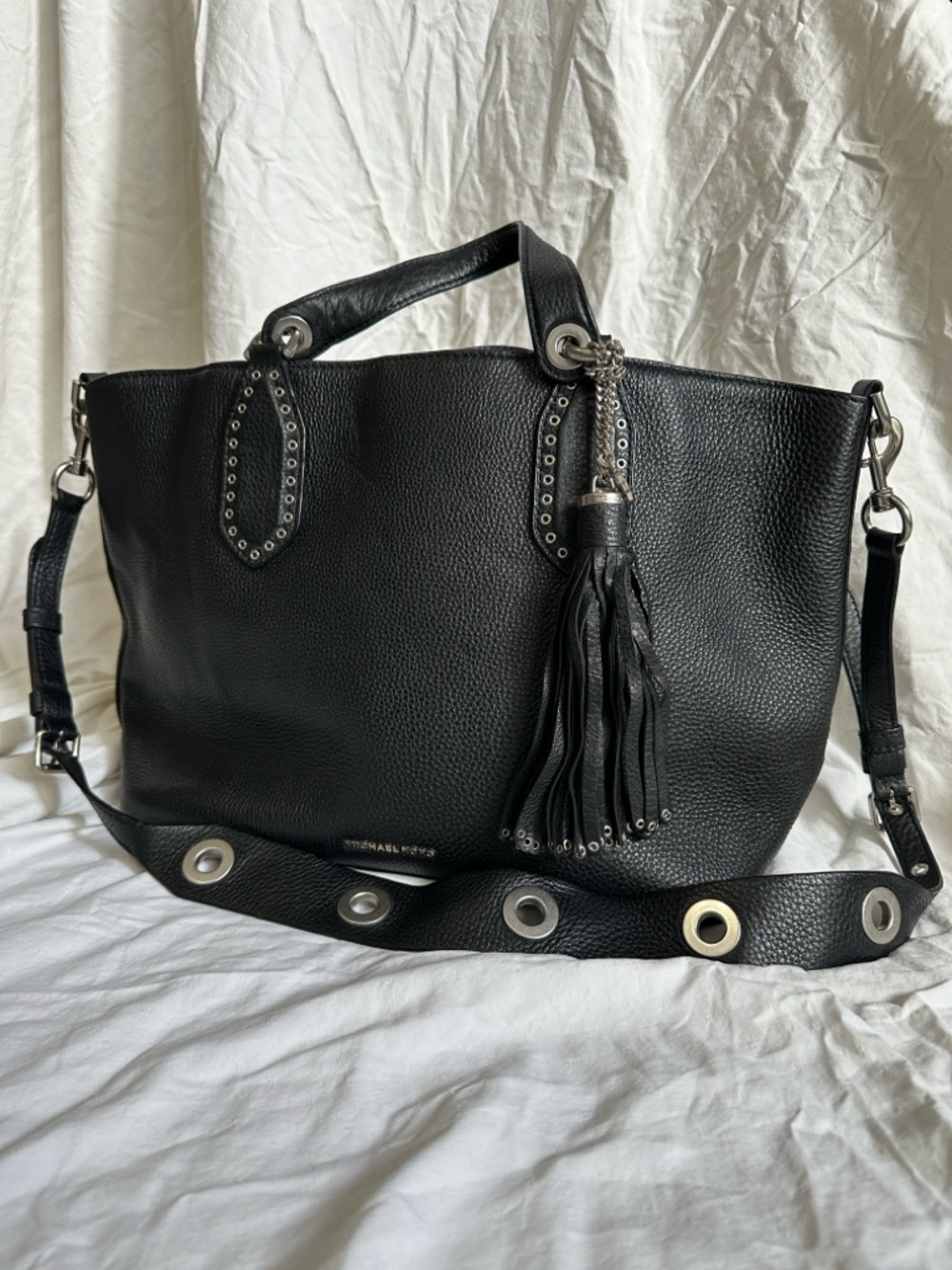 Michael Kors Black Pebbled Leather Tassel Shoulder Tote